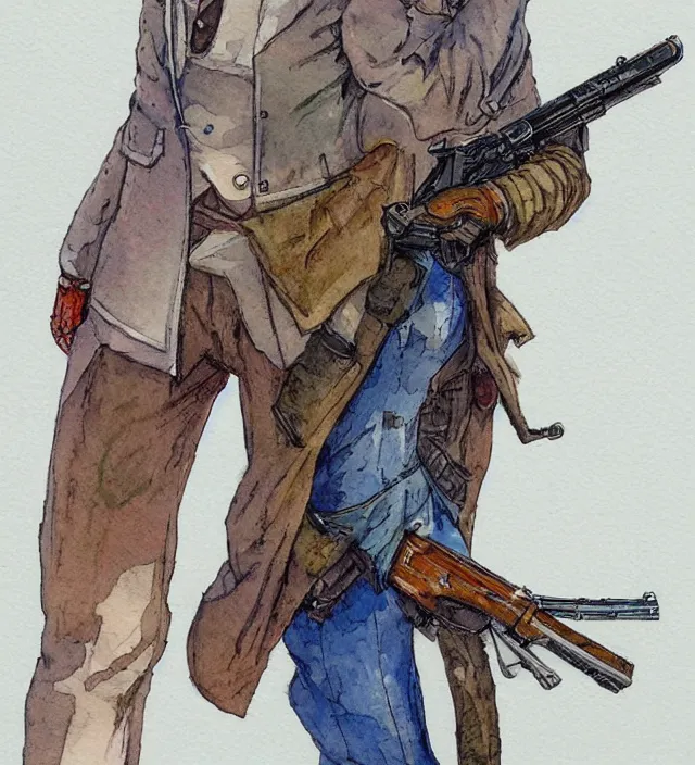 Image similar to a 3 / 4 view watercolor ink painting of an anthropomorphic bunny gunslinger posing with their revolver - rifle in the style of jean giraud in the style of moebius trending on artstation deviantart pinterest detailed realistic hd 8 k high resolution