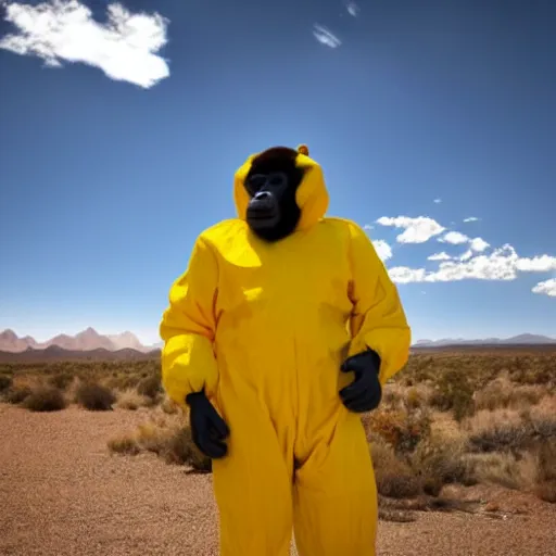 Prompt: A photo of a gorilla in a hazmat suit standing next to Walter White, New Mexico desert, cinematic lighting