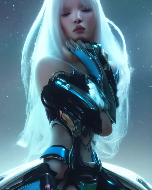 Image similar to perfect android girl on a mothership, warframe armor, beautiful face, scifi, futuristic, galaxy, nebula, raytracing, dreamy, long white hair, blue cyborg eyes, sharp focus, cinematic lighting, highly detailed, artstation, divine, by gauthier leblanc, kazuya takahashi, huifeng huang