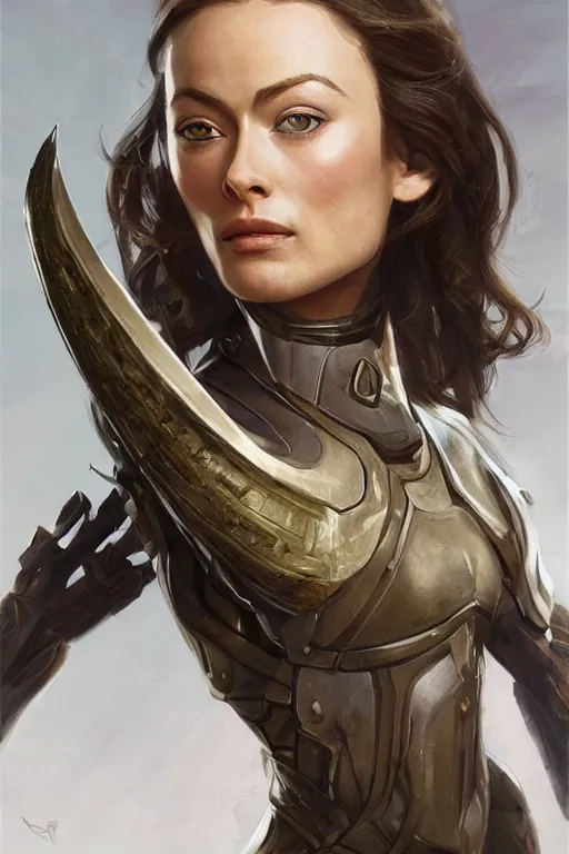 Image similar to a professional painting of a young Olivia Wilde, clothes in military armor, olive skin, long dark hair, beautiful bone structure, symmetrical facial features, intricate, elegant, digital painting, concept art, smooth, sharp focus, illustration, from StarCraft by Ruan Jia and Mandy Jurgens and Artgerm and William-Adolphe Bouguerea