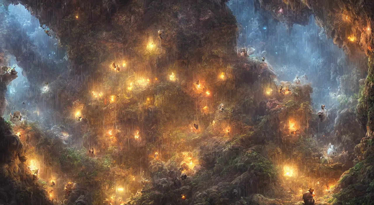 Prompt: a gloomy cave filled with giant hamsters and fireflies, mysterious, large scale, breathtaking, mixed media, digital art, trending on artstation, 8k, epic composition, highly detailed, AAA graphics