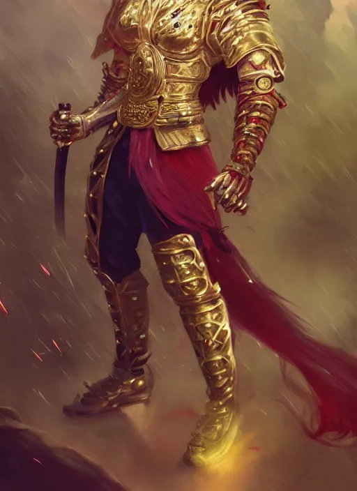 Image similar to aesthetic portrait commission of a of a male fully furry muscular anthro albino lion holding a golden katana and wearing shiny and wet heavy red and gold royal samurai full armor in a Japanese forest while storming, cinematic epic shot. Character design by charlie bowater, ross tran, artgerm, and makoto shinkai, detailed, inked, western comic book art, 2021 award winning film poster painting