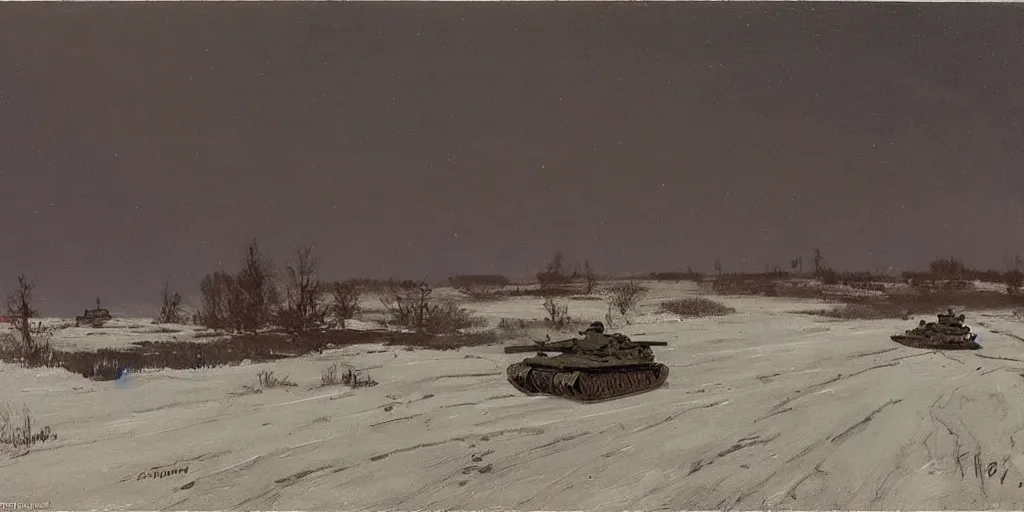 Image similar to a calm WW2 battlefield at night, Eastern Front, stars, wintertime, trenches, a single lone wrecked tank, painting by Isaac Levitan