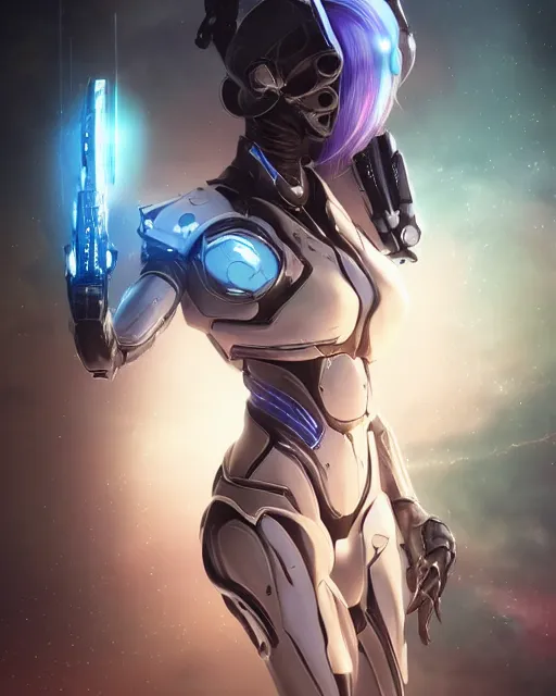 Image similar to perfect android girl on a mothership, warframe armor, beautiful face, scifi, futuristic, galaxy, nebula, raytracing, dreamy, long white hair, blue cyborg eyes, sharp focus, cinematic lighting, highly detailed, artstation, innocent, art by gauthier leblanc, kazuya takahashi, huifeng huang