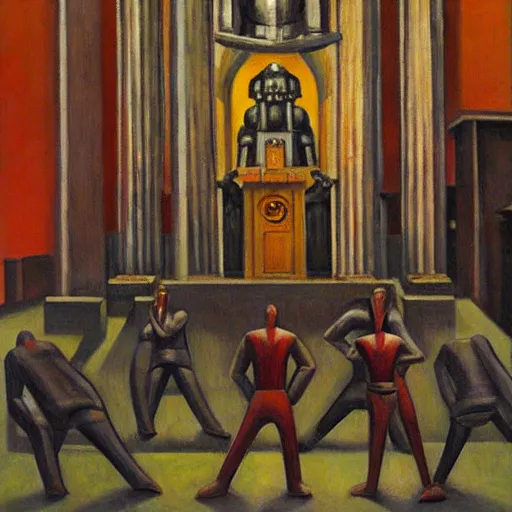 Prompt: brutalist giant fascist robots at an altar, cathedral, dystopian, pj crook, edward hopper, oil on canvas