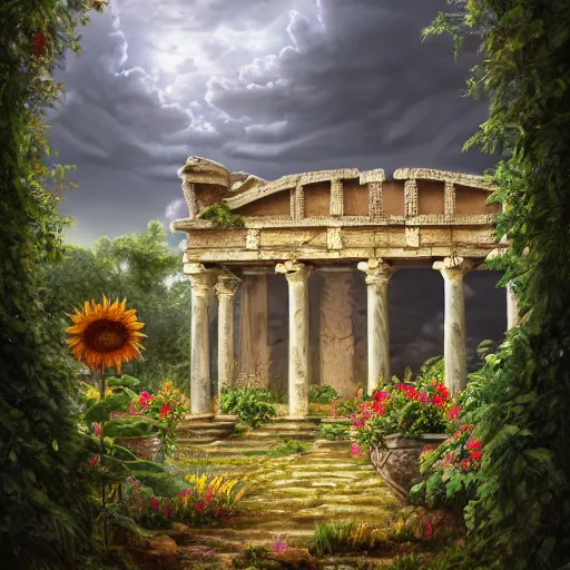 Image similar to beautiful highly detailed digital illustration of roses and sunflowers in front of a greek palace ruins in the forest. by Andreas Rocha, dramatic clouds, establishing shot, cinematic, architecture, artstation HQ, HD, 8k resolution, featured in art magazine, amazing depth, octane render, unreal engine 5