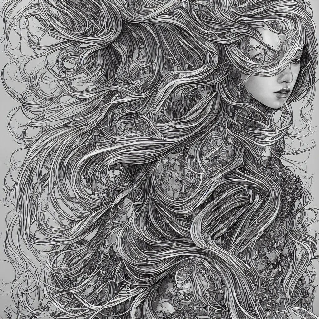 Image similar to gold and silver tones, cybernetic princess, style of moebius, james jean, mcbess, long glowing ethereal hair, cinematic, highly detailed, award winning, 8 k photorealistic