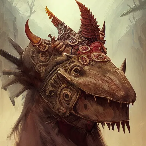 Image similar to triceratops, aztec headdress, greg rutkowski, digital illustration, concept art, dnd, face, fantasy, intricate, elegant, highly detailed, digital painting, artstation