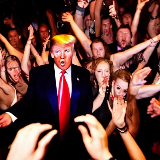 Prompt: trump freaking out on a rave, club photography