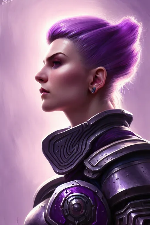 Image similar to alexey gurylev, close up portrait, pale woman in power armor with purple ponytail hair, mysterious, deep focus, d & d, fantasy, complex, elegant, highly detailed, digital painting, artstation, concept art, matte, clear focus, illustration, hearthstone, artgerm art, greg rutkovsky and alphonse mucha