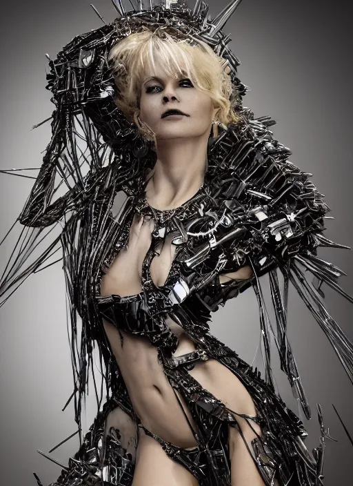 Prompt: expressive full body photo of 2 0 years old bridget bardot, dress made of steel blades, glamour shot, by karol bak, stefan gesell, photorealistic, nikon d 4 x, fashion photography, hyper maximalist, elegant, ornate, luxury, elite, environmental portrait, symmetrical features, octane render, unreal engine, solid dark grey background, dramatic lights