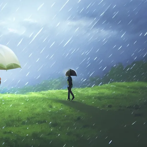 Prompt: a girl aged 1 6 and boy aged 1 6 walking under an umbrella when it's raining through a valley with a mystical atmosphere, a medium shot, cinematic lighting, rule of thirds composition, painted by makoto shinkai, in gouache paint, masterpiece, - n 5