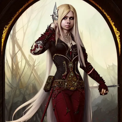 Image similar to Avril Lavigne as a Blood Elf, western, D&D, fantasy, intricate, elegant, highly detailed, digital painting, artstation, concept art, matte, sharp focus, illustration, art by Artgerm and Greg Rutkowski and Alphonse Mucha