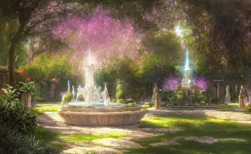 Image similar to Beautiful garden, next to a fountain and a mystical palace. By William-Adolphe Bouguerea, Jordan grimmer, fractal flame. Highly_detailded