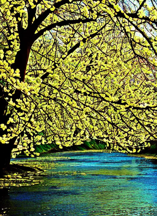 Prompt: beautiful spring season photography trees and river award winning cinematography