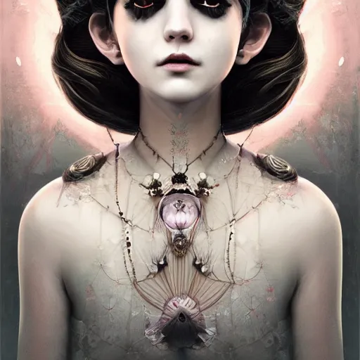 Image similar to symmetrical portrait of a beautiful dead princess female 4K symmetrical portrait, magical,fantasy , final fantasy, whole body, hyperrealism, cyberpunk, concept art, realistic, highly detailed, Featured on Artstation, cgsociety, Behance, Tom Bagshaw, Ross Tran, Japan Taiwan ,Soft lighting, attractive, highly detailed. intricate details. trending on artbreeder | zdzislaw beksinski. dariusz zawadzki. Michael Hutter. Peter Mohrbacher. Alfons Mucha. artstation