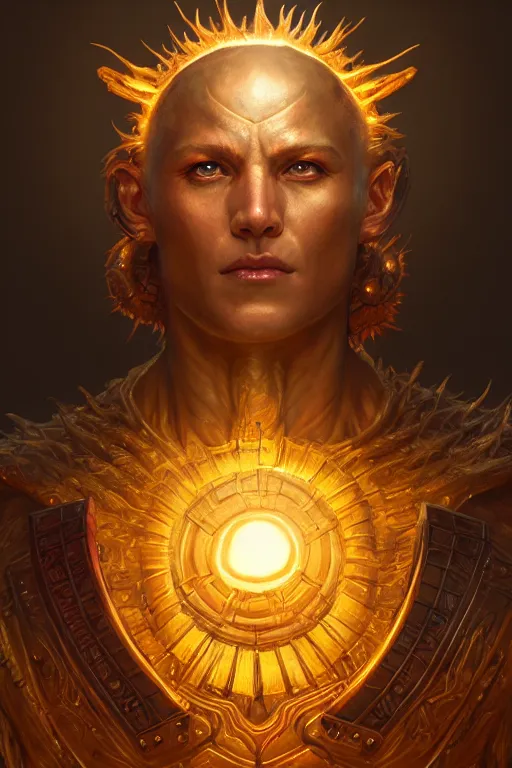 Image similar to humanoid god of the sun, highly detailed, d & d, fantasy, hyper detailed, digital painting, trending on artstation, apollo, concept art, sharp focus, illustration, art by artgerm and magali villeneuve and greg rutkowski and michael whelan, cryengine, 8 k realistic atmospheric lighting, frostbite 3 engine