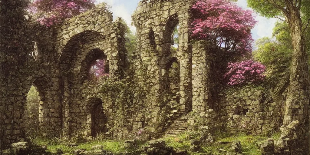 Image similar to Art of The cinematic view of The overgrown ruins of a stone tower amidst a forest of flowering trees by John Howe