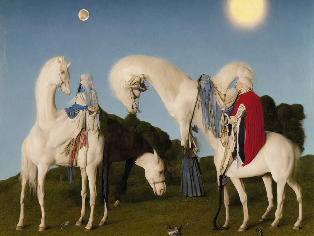 Image similar to albino mystic, with his back turned, with beautiful exotic horse in the day of the eclipse. Painting by Jan van Eyck, Audubon, Rene Magritte, Agnes Pelton, Max Ernst, Walton Ford