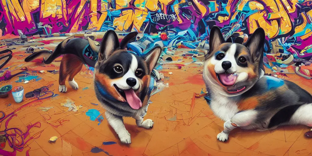 Image similar to beautiful painting of hiphop DJ corgi lofi breakdancing, by Tristan Eaton, James Gurney, greg rutkowski. trending on Artstation, 8k, masterpiece, graffiti paint, fine detail, full of color, intricate detail, golden ratio illustration, corgi