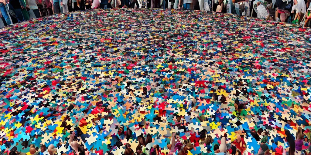 Image similar to a giant jigsaw puzzle being put together by a crowd of tiny people