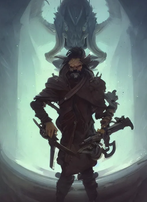 Prompt: low angle picture of a weapon master, holding a ego weapons to the camera, long black jacket, neat white beard and hair, scar on the eye, bored, tired, ego weapons all over the floors, smoking with squat down pose, highly detailed face, deep eyes, intricate, masterpiece, fantasy illustrations by peter mohrbacher and anato finnstark and jeremy lipking