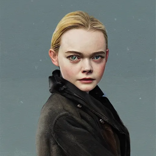 Image similar to professional painting of Elle Fanning as 007 in the style of Scott Listfield and Andrew Wyeth, head and shoulders portrait, symmetrical facial features, smooth, sharp focus, illustration, intricate, stormy weather, extremely detailed masterpiece,