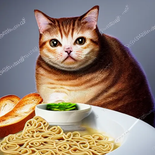 Image similar to cute fat cat sitting in front of ramen noodles on toast, photo realistic