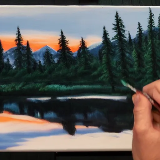 Image similar to a closeup photorealistic photograph of bob ross adding the finishing touches on a canvas painting of kenny powers. mountains and trees. film still. brightly lit scene. this 4 k hd image is trending on artstation, featured on behance, well - rendered, extra crisp, features intricate detail, epic composition and the style of unreal engine.
