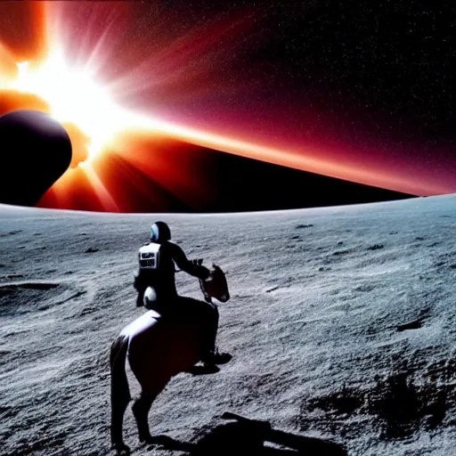 Image similar to darth vader riding a horse on the moon of endor, beautiful days, crepuscular rays