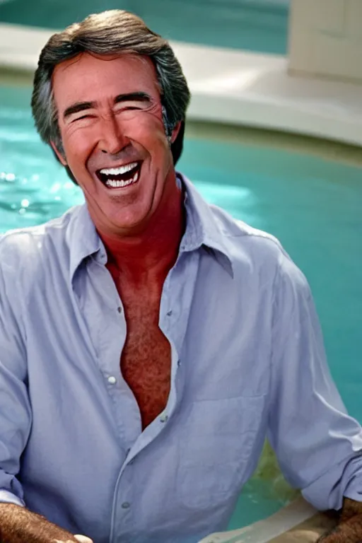 Image similar to randy mantooth laughing and sitting inside a bathtub filled with yellow water