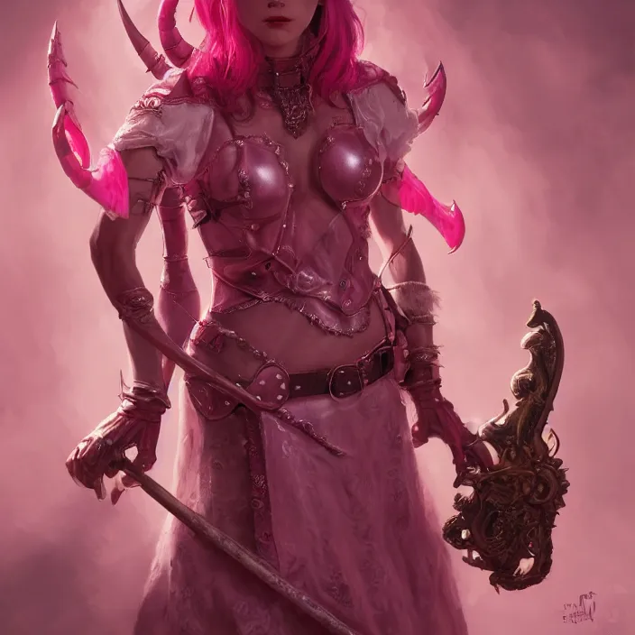 Prompt: Portrait one beautiful cute pink tiefling demon bard performer, leather armor, rapier, pink skin, cute horns, violin, 4k oil on linen by wlop, artgerm, andrei riabovitchev, nuri iyem, james gurney, james jean, greg rutkowski, highly detailed, soft lighting 8k resolution