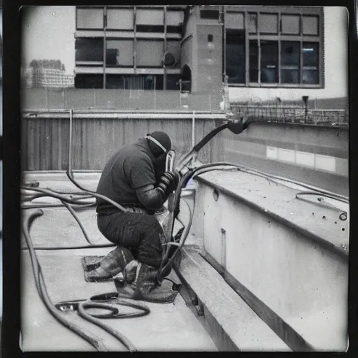 Image similar to a polaroid of a person welding in the harbour of Rotterdam