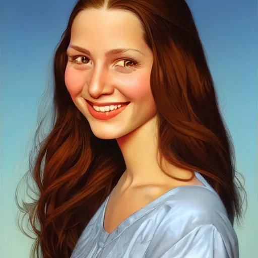 Prompt: a beautiful portrait of a smiling young woman with long brown hair by greg hildebrandt