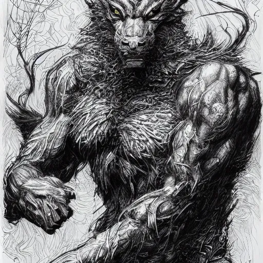 Image similar to Jordan Peterson werewolf talking at a podium, pen and ink, intricate line drawings, by Yoshitaka Amano, Ruan Jia, Kentaro Miura, Artgerm, watercolor