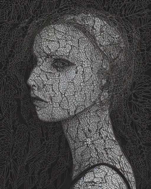 Image similar to a woman's face in profile, made of intricate lace leaves, in the style of the dutch masters and gregory crewdson, dark and moody