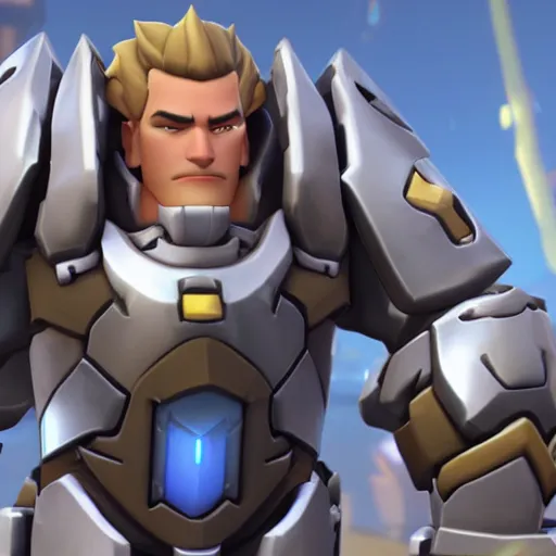 Prompt: in-game screenshot of Reinhardt from Overwatch wearing a suit of armor made from marshmallows