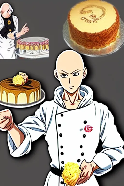 Image similar to chef saitama one punch man, dressed as a pastry chef, making a cake, anime artwork