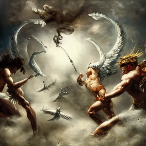 Prompt: greek gods fighting by raymond swanland, highly detailed