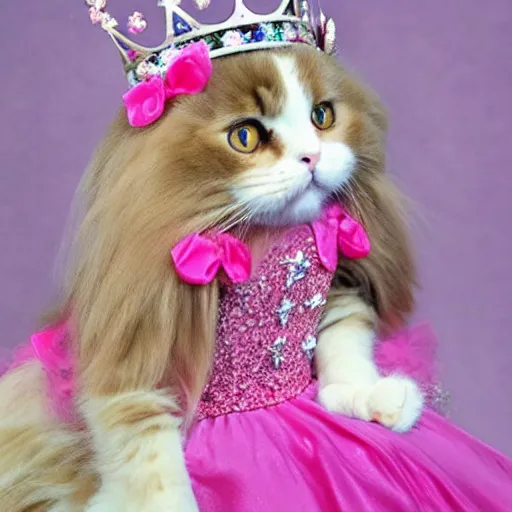 Prompt: fluffy long haired ragdoll cat wearing princess dress and crown - n 4