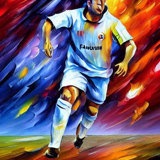 Image similar to a painting of an astronaut playing soccer in a cosmic scenic environment by Leonid Afremov