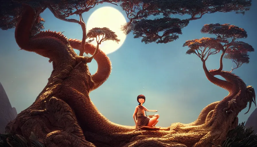 Image similar to very very small cat, sitting on a gigantic dragon tree in moonlit socotra island by ilya kuvshinov, rtx rendering, octane render 1 2 8 k, maya, extreme high intricate details by tom bagshaw, medium shot, close up shot, composition by sana takeda, lighting by greg rutkowski