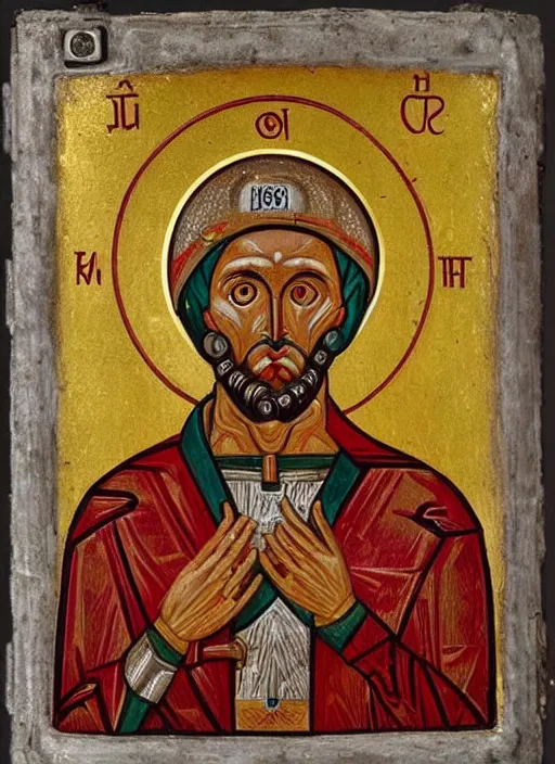 Prompt: a portrait of a cyborg jacked into a brain-machine interface, Byzantine religious icon