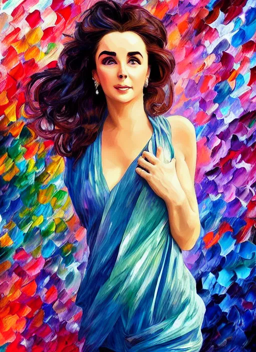 Prompt: elizabeth taylor detailed clothing, half body shot, arms down, path traced, highly detailed, high quality, digital painting, alena aenami, leonid afremov, lilia alvarado, shinji aramaki, karol bak, alphonse mucha, tom bagshaw