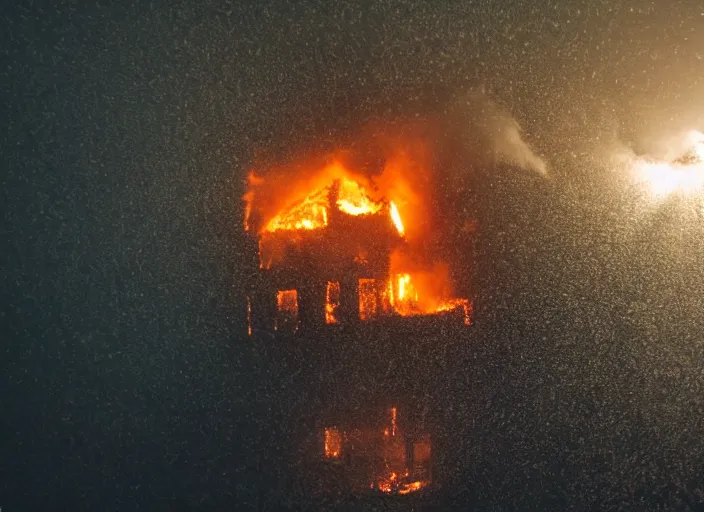 Image similar to dslr photo still of a house on fire under the water under water at the bottom of the ocean with lots of bubbles and light rays, 8 5 mm f 1. 8