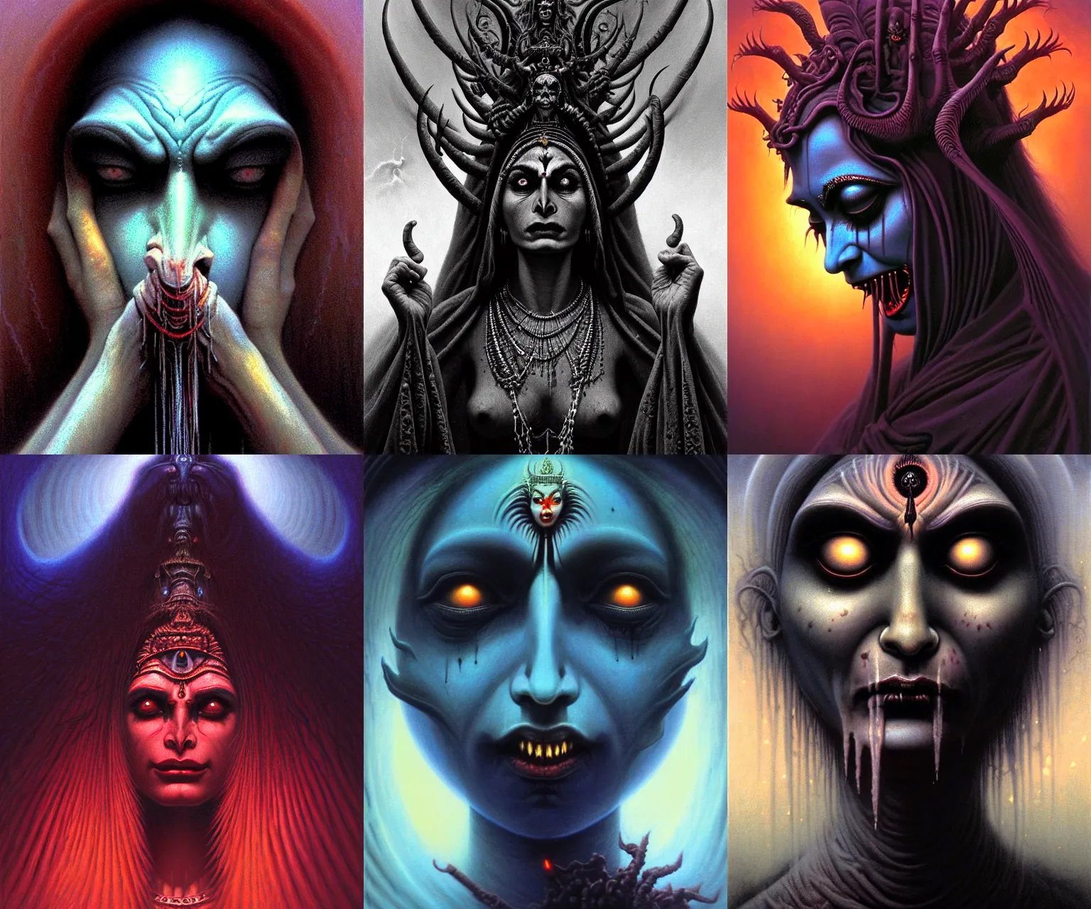 Prompt: A cinematic crying closeup portrait of the majestic gothic Hindu demon goddess of sorrow, grief and despair, by Tim Hildebrandt, by Wayne Barlowe, by Bruce Pennington, by Zdzisław Beksiński, by Paul Lehr, oil on canvas, masterpiece, trending on artstation, featured on pixiv, cinematic composition, astrophotography, dramatic pose, beautiful lighting, sharp, details, details, details, hyper-detailed, no frames, HD, HDR, 4K, 8K