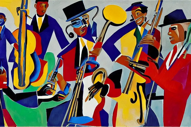 Image similar to a painting of a group of men playing instruments, a jazz band in new orleans, an ultrafine detailed painting by romare bearden, behance, black arts movement, artwork, fauvism, academic art