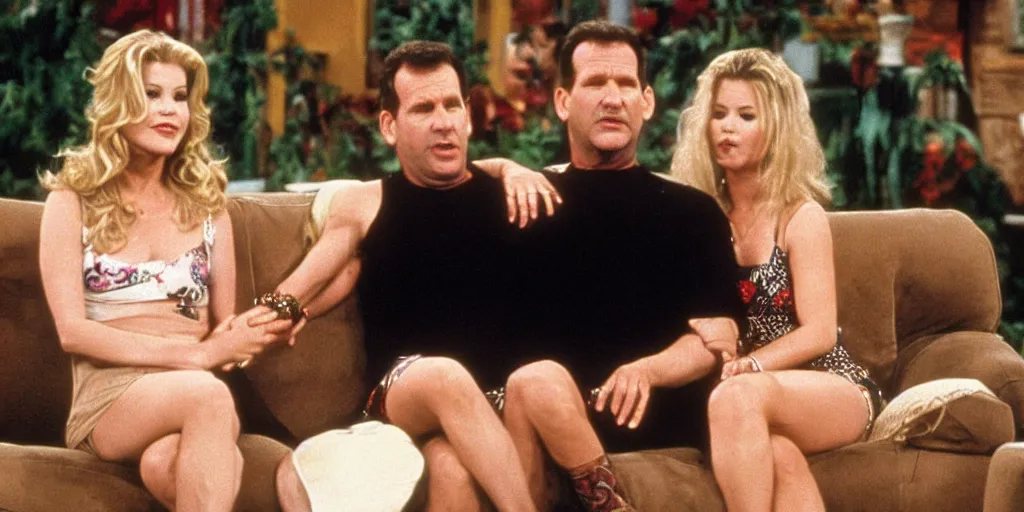 Prompt: Kelly Bundy (Christina Applegate) sitting next to Al Bundy (Ed O\'Neill) on the couch, Married with children (1989)