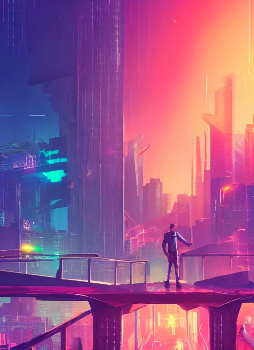 Image similar to Panfuturism cyberpunk art of a man standing on top of a bridge over a city, by Reuben Tam, Artstation contest winner, synthwave, retrowave, 2d game art