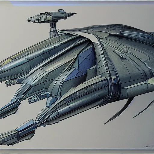 Image similar to coloured pencil of alien spaceship scifi tech hardsurface shape form exploration, big medium small, artstation, colored marker, paper collage, syd mead, hr giger, concept art